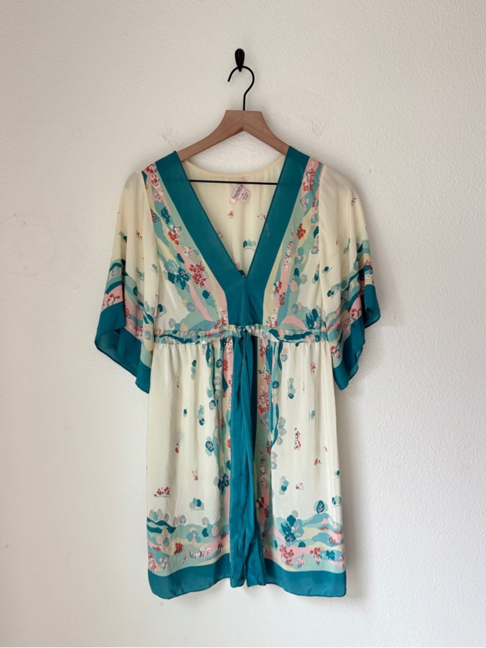 Vintage Anthropologie 100% silk Cream & Teal Floral Kimono Loungewear - M - EUC